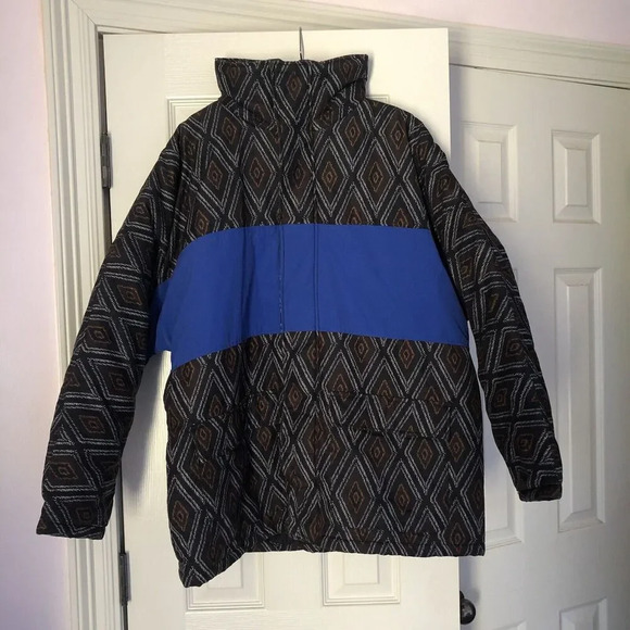 Zara Man Black Color Block Cobalt Blue Aztec Print Puffer Jacket Coat Size Large - Picture 4 of 9